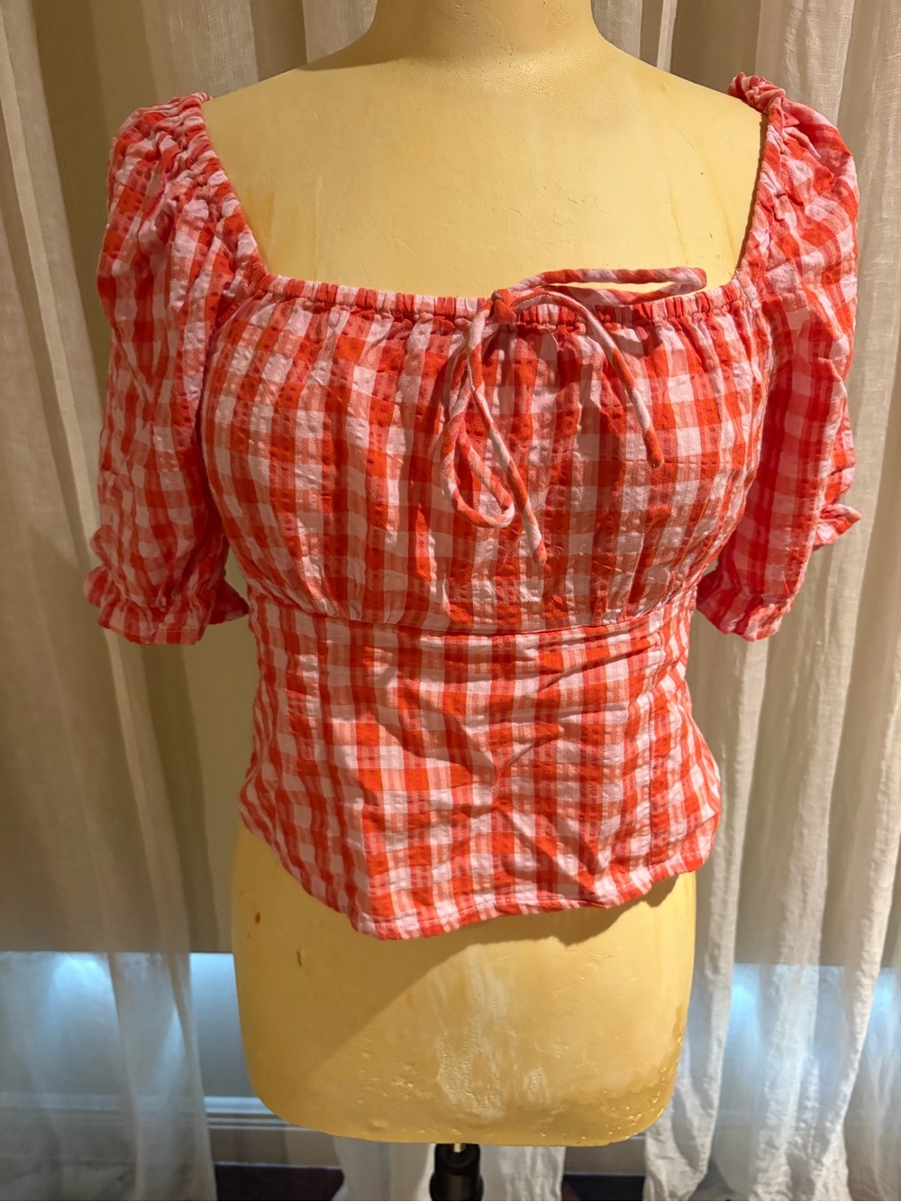 Vero Moda Red and White Gingham Puff-Sleeve Crop Top